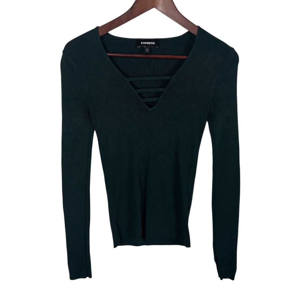 Express Emerald Green Strappy V-Neck Ribbed Long Sleeve Shirt Top Women's Small